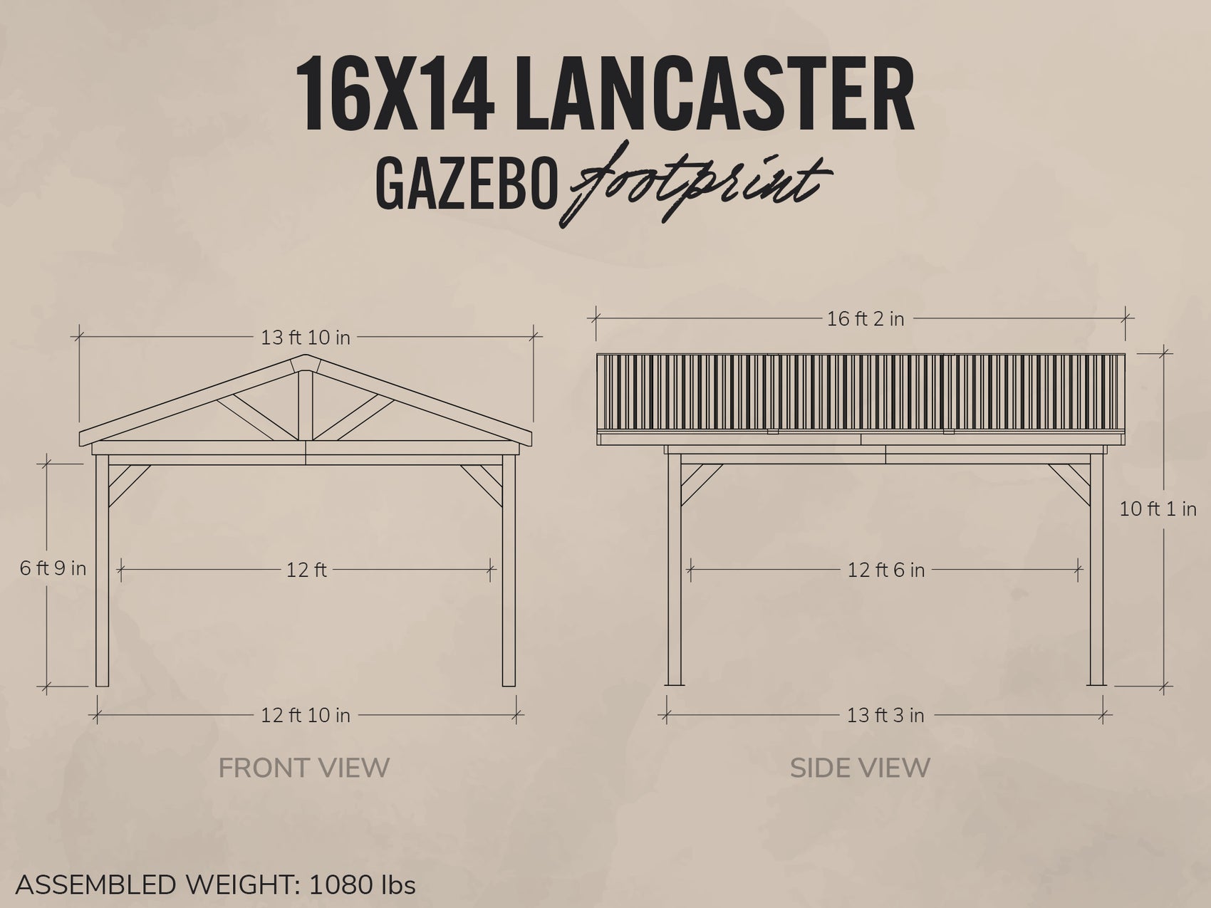 Dimensions and layout of a 16x14 Lancaster Gazebo on a beige background