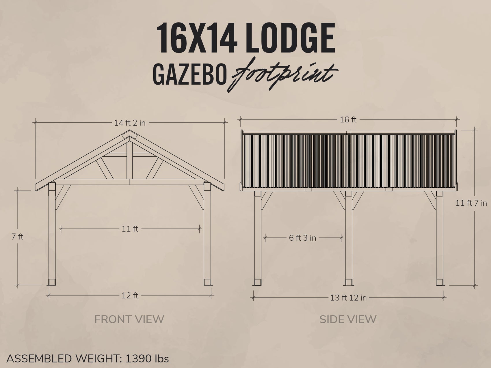 Dimensions and layout of a 16x14 Lodge Gazebo on a beige background