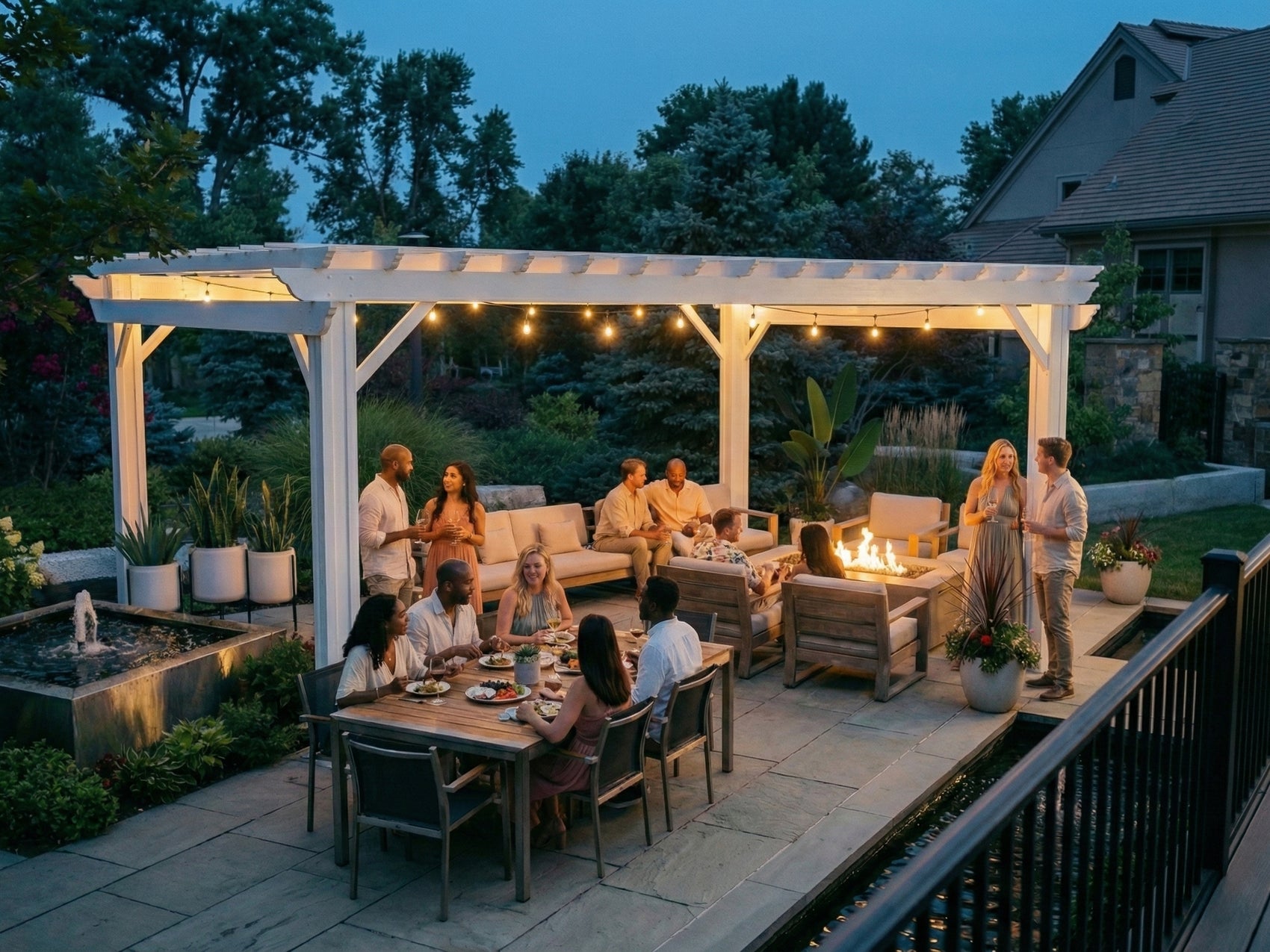 White powder-coated Stratford backyard pergola with trellis roof over outdoor dining and lounge area with fire pit at dusk.