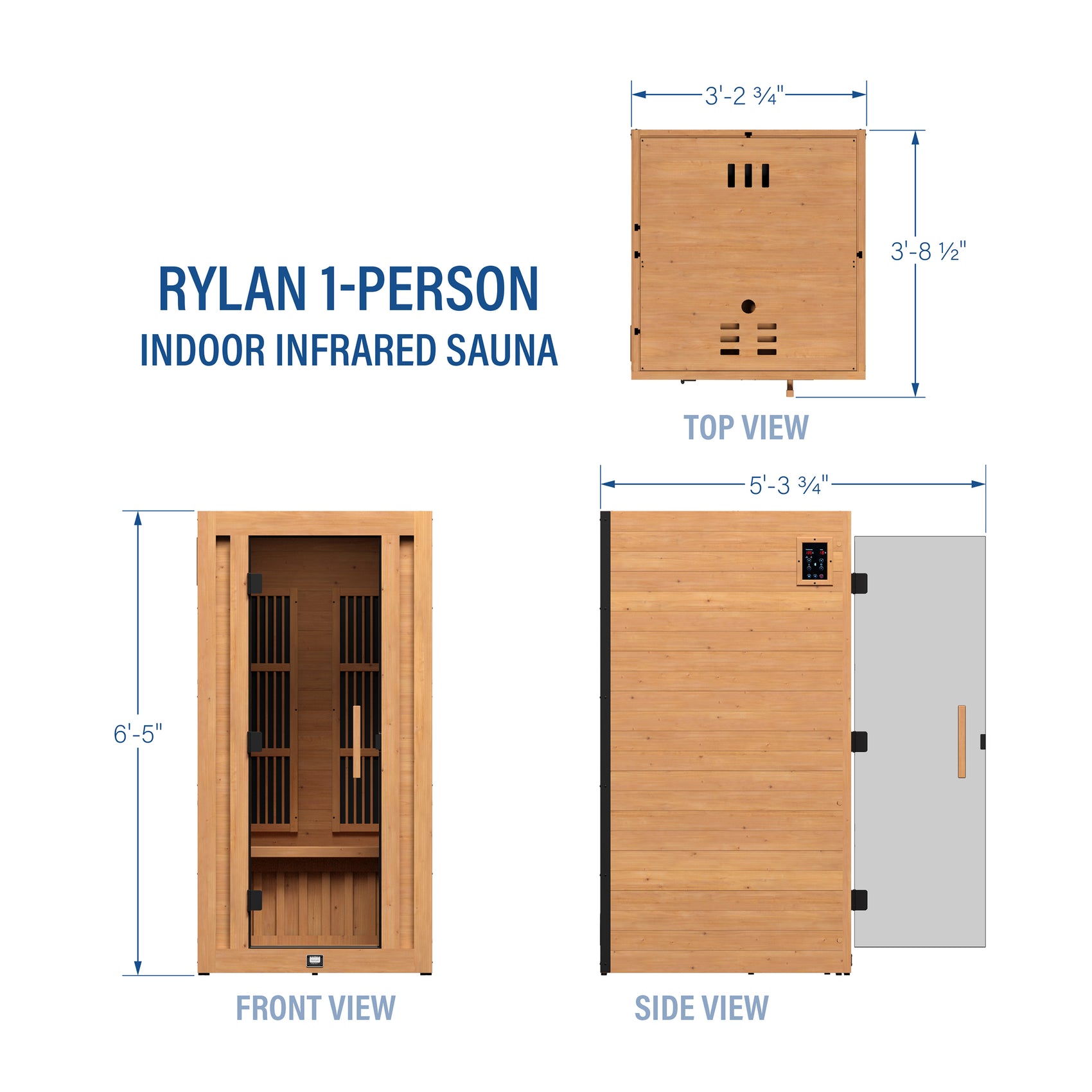 Rylan 1 person indoor infrared cedar sauna dimension diagram with measurements | stacked