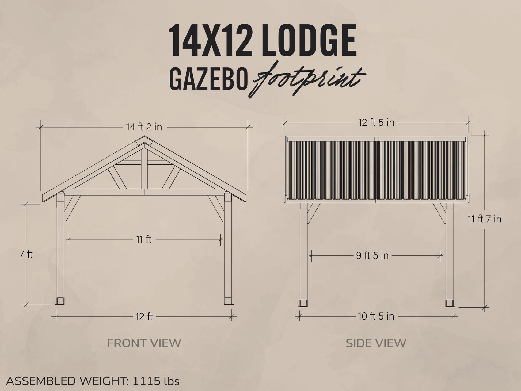 Technical diagram of Range Outdoor Living Lodge steel gazebo with front and side view dimensions.