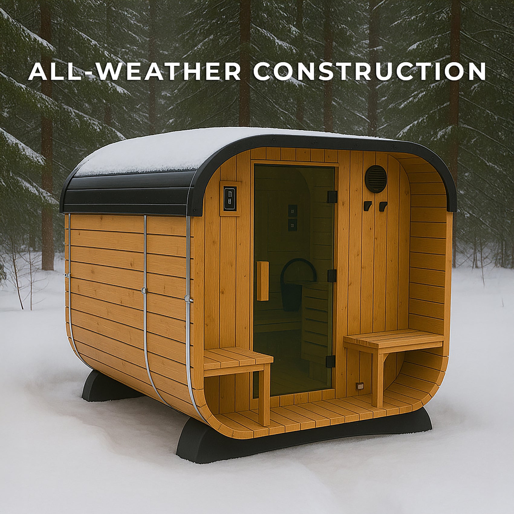 All-weather Lennon 2-4 person outdoor cube sauna with porch and steel roof in snowy backyard
