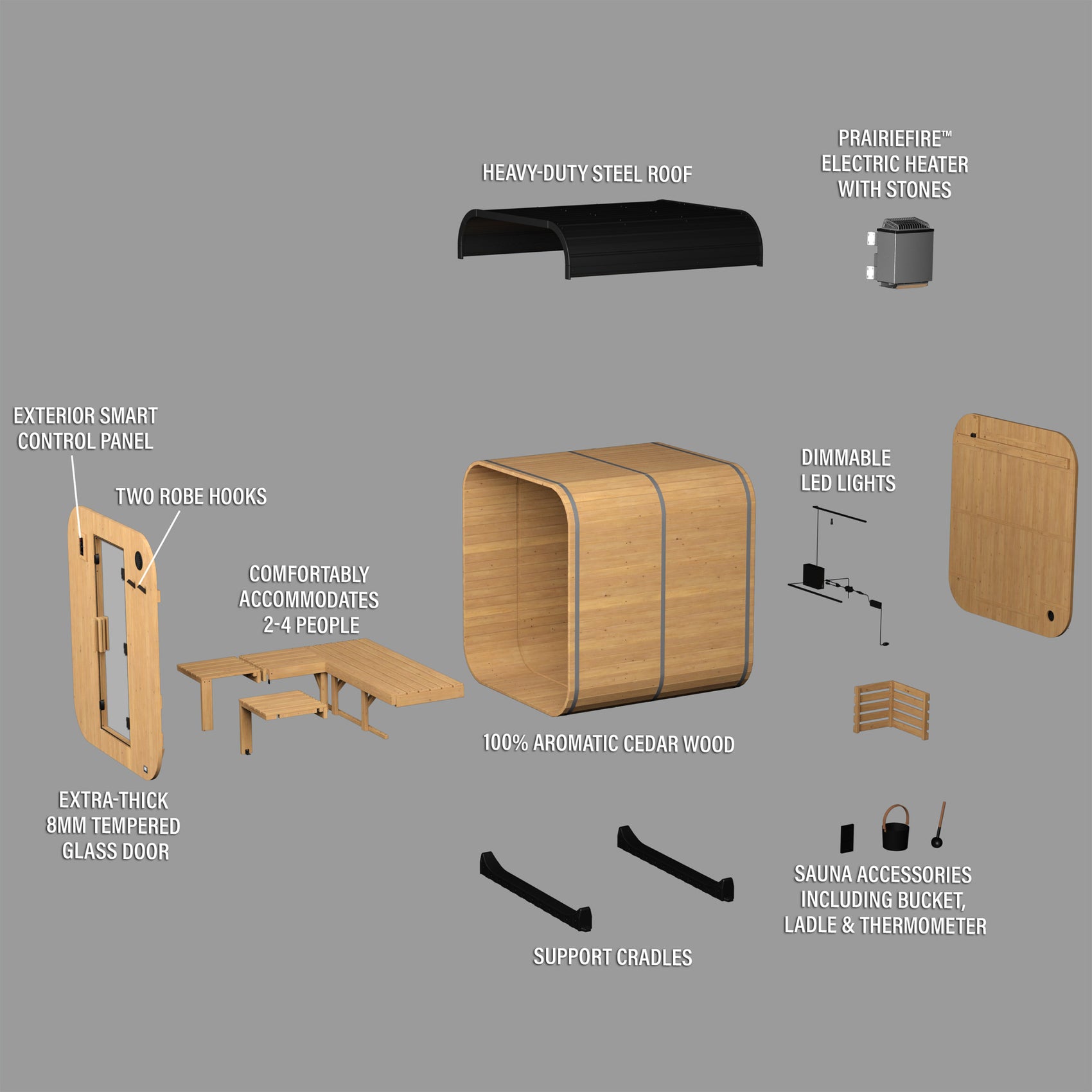 Diagram of 2-4 person Lennon cube sauna kit with front porch, steel roof, electric heater, glass door, and accessories