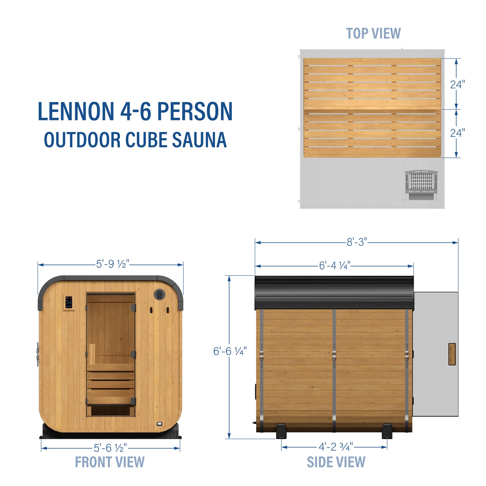 Lennon 4-6 person outdoor cube home sauna dimension diagram with US measurements | stacked