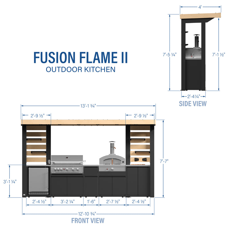 Fusion Flame 2 Outdoor Kitchen with Grill, Pizza Oven, and Refrigerator specifications