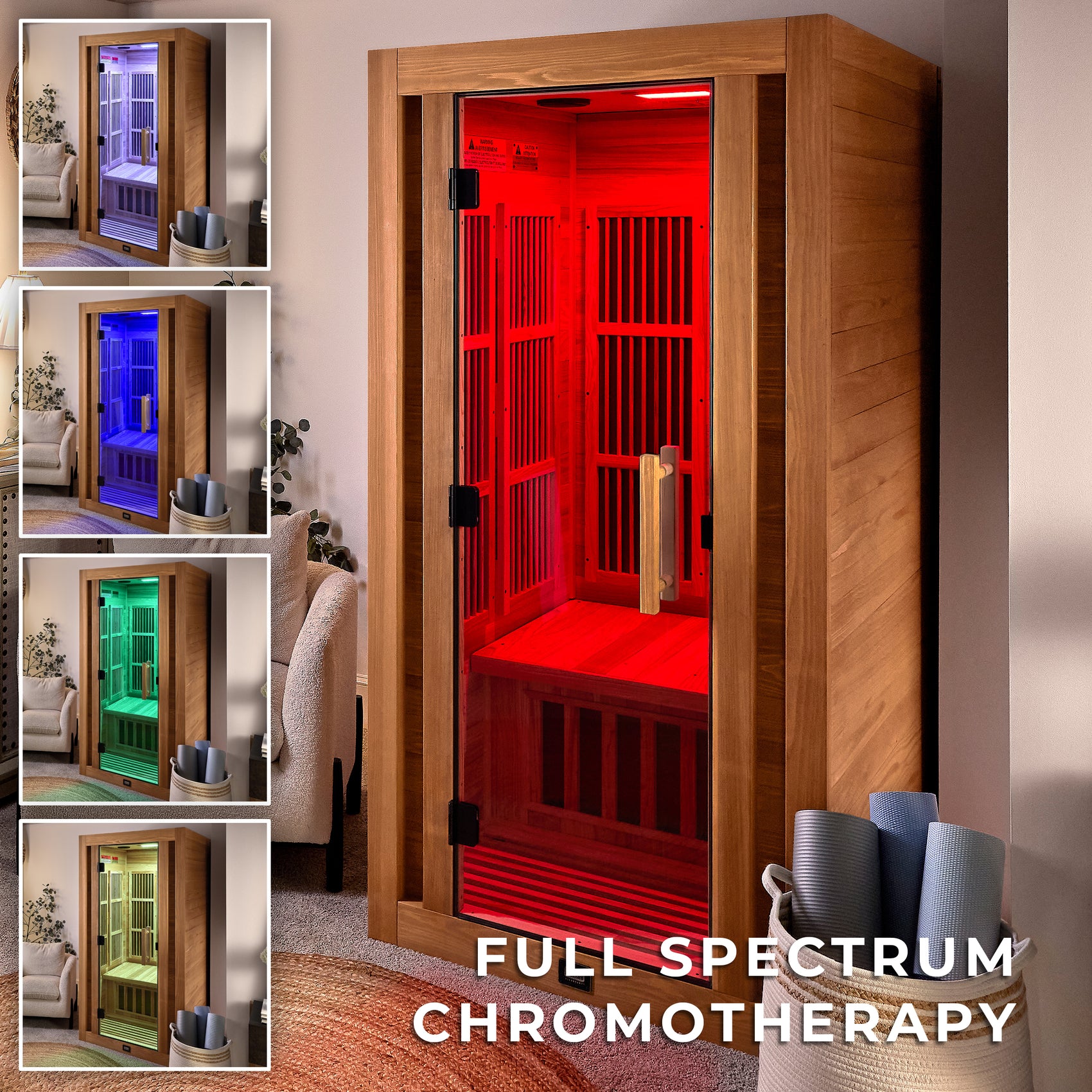 Rylan indoor infrared 1 person personal sauna with full spectrum chromotherapy lighting showing color options