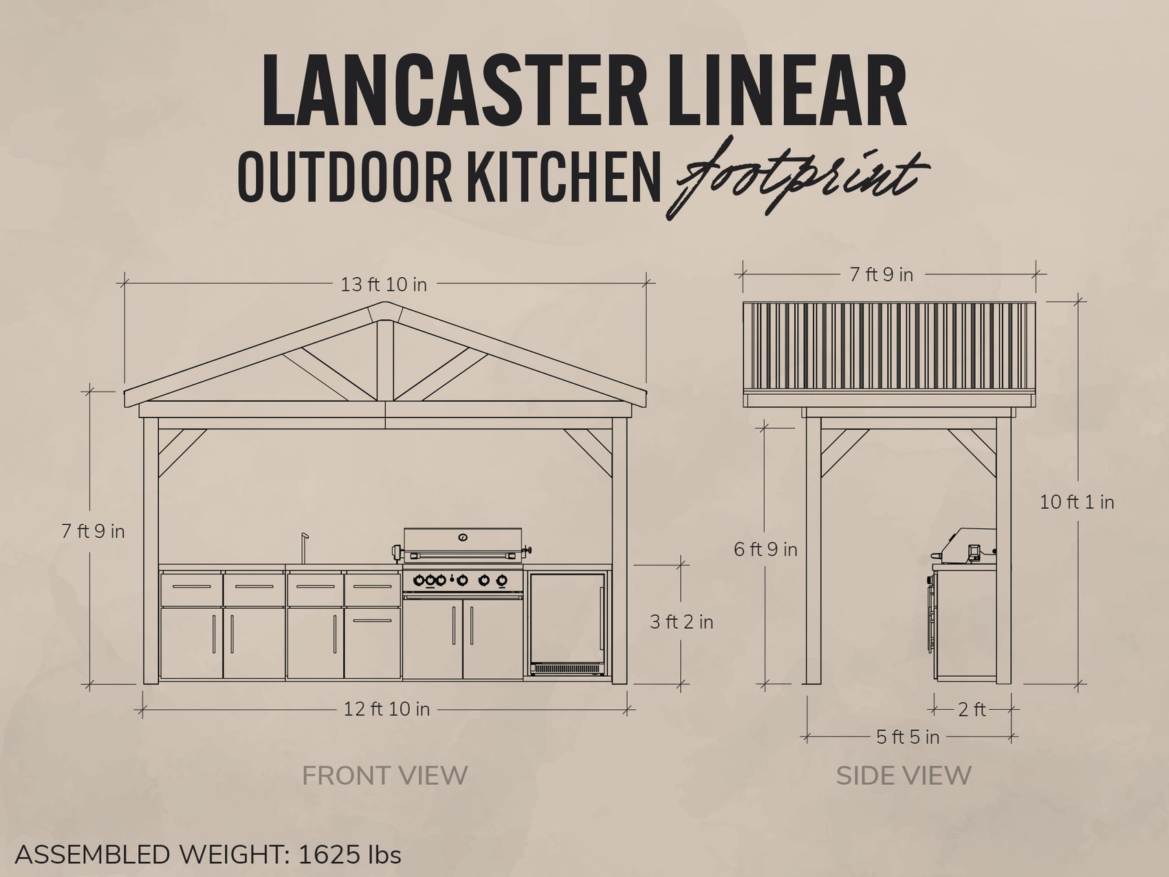 Diagram of Lancaster Linear outdoor kitchen with dimensions on a beige background