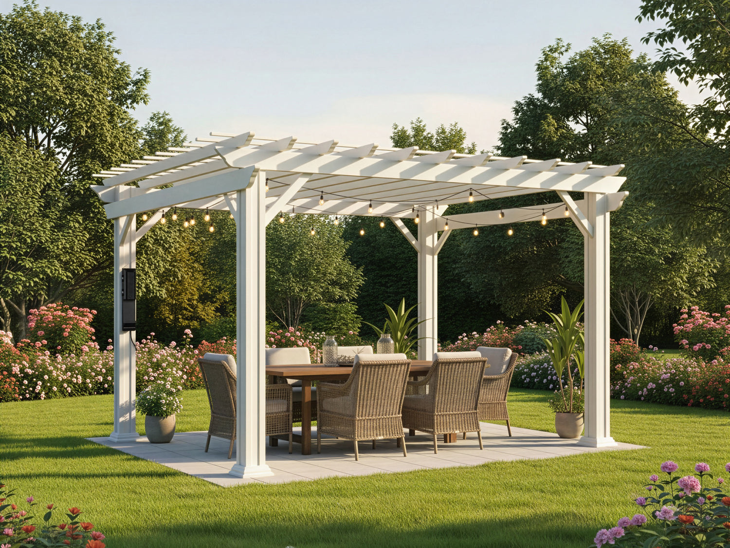 White powder-coated galvanized steel deck pergola with open trellis roof over dining area in garden with string lights.