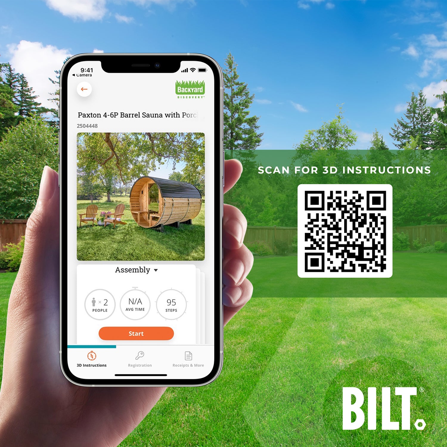 BILT app with QR code for Paxton 4-6 person barrel sauna kit with porch DIY assembly instructions