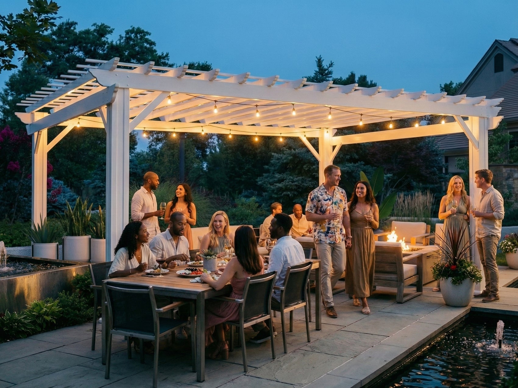 White powder-coated steel Stratford outdoor pergola with string lights over patio dining area gathering by water feature.