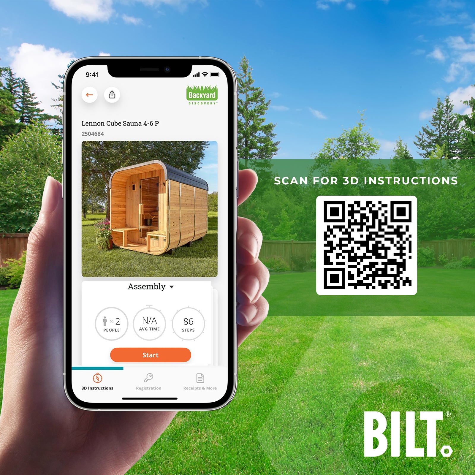 BILT app offering 3D instructions for Lennon cube home sauna kit with QR code for guided DIY assembly