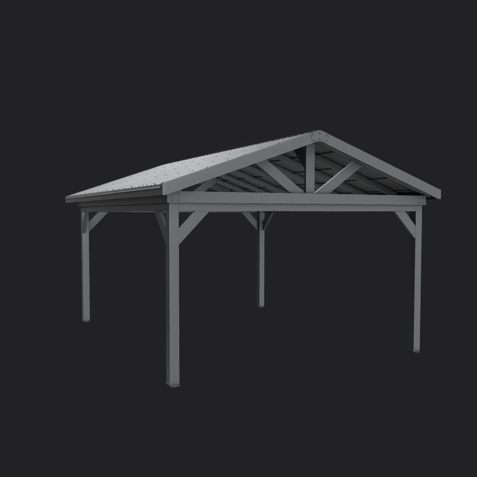 Steel Lancaster backyard gazebo with gabled metal roof and triangular truss design on dark background.