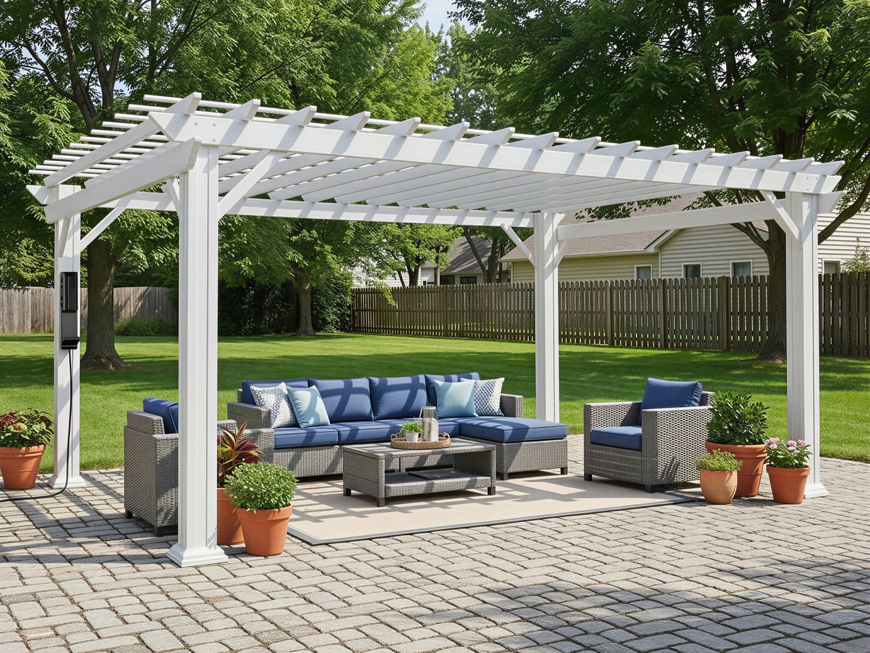 Range Outdoor Living white Stratford steel pergola with trellis roof over patio seating area and poolside setting.