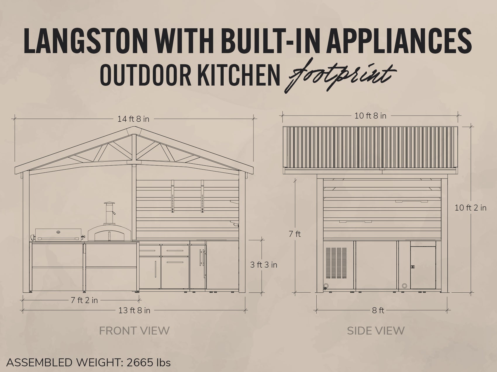 Diagram of Langston outdoor kitchen with dimensions on a beige background