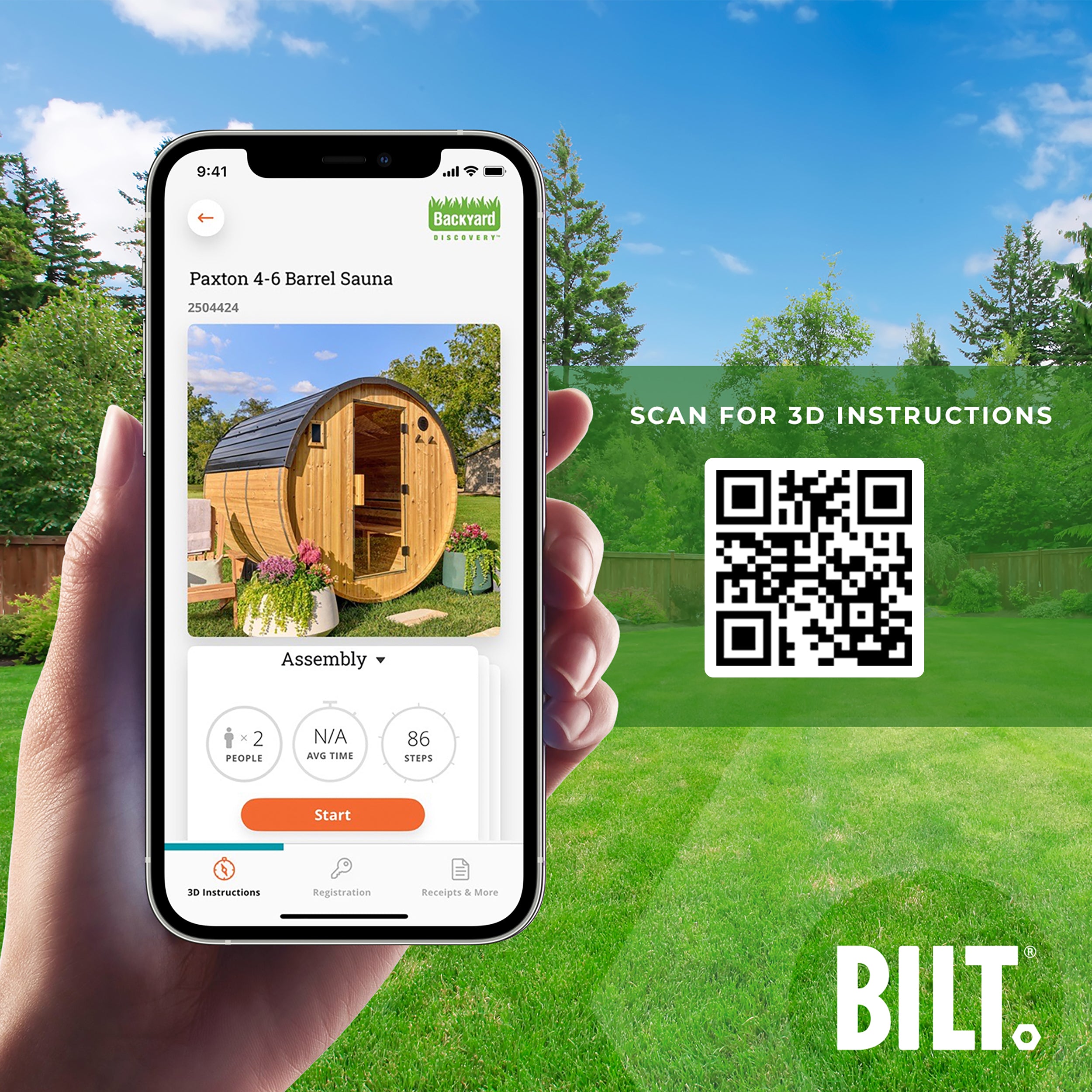BILT app 3D assembly guide for DIY sauna kit build with instructions for Paxton 4-6 person outdoor barrel sauna