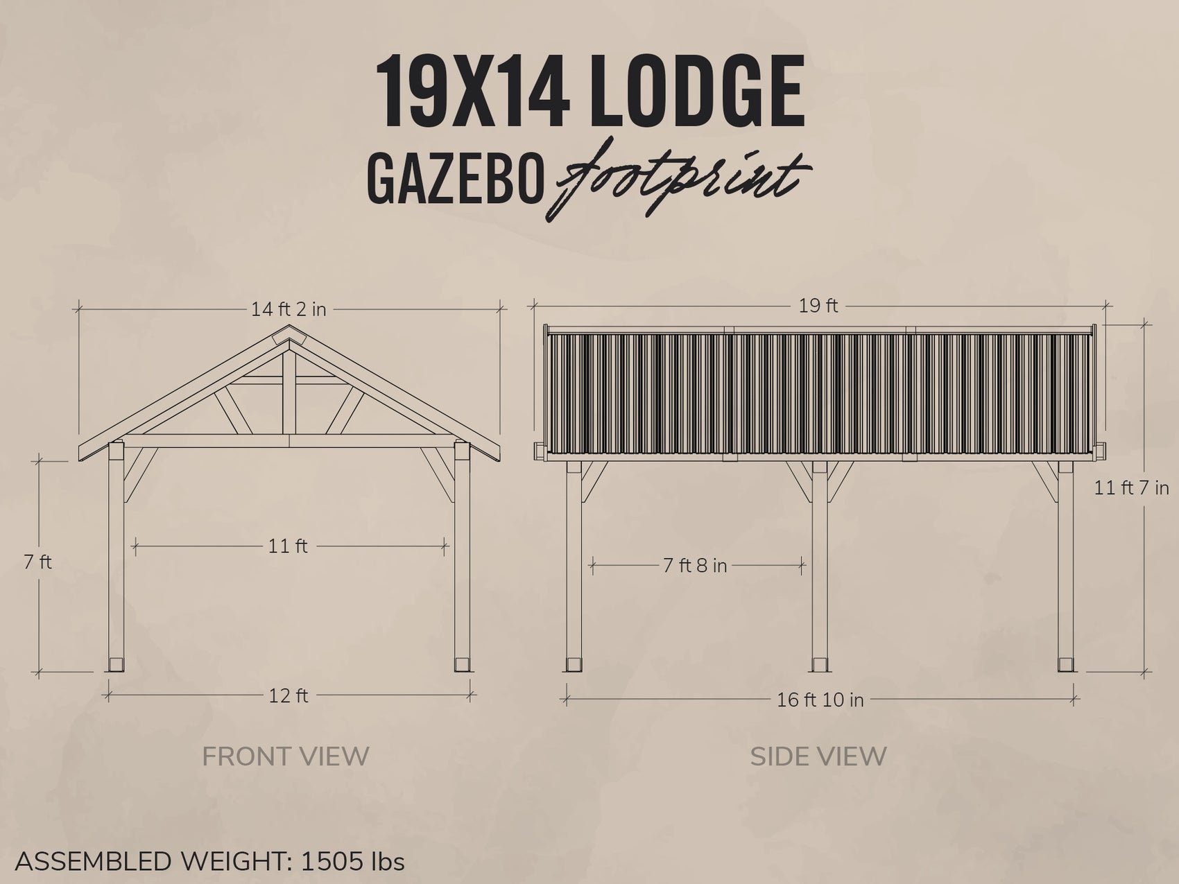 Dimensions and layout of a 19x14 Lodge Gazebo on a beige background