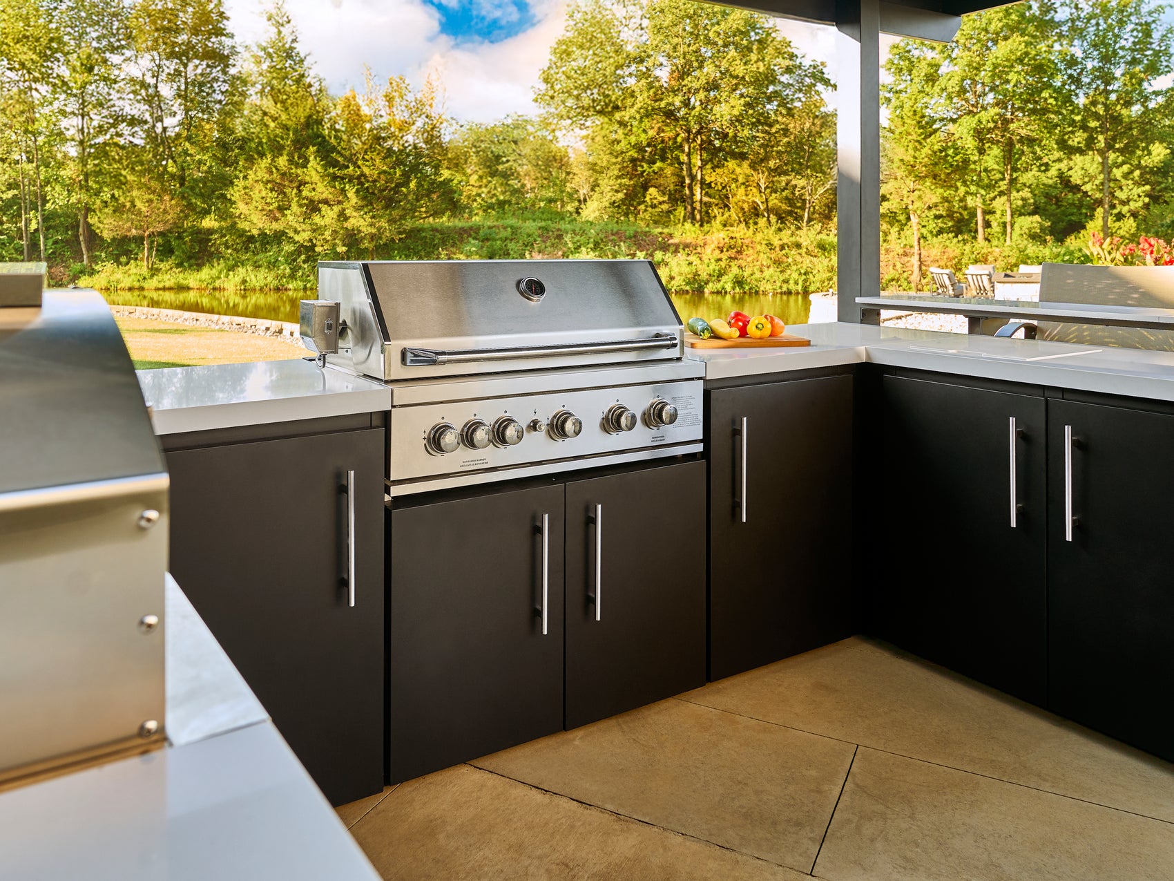 Range Outdoor Living stainless steel gas grill in Edgemont Bay backyard kitchen under galvanized steel roof.