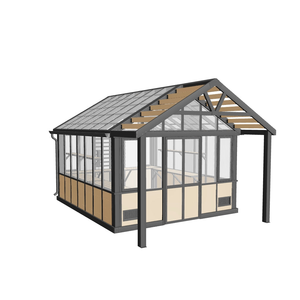 3D preview of the Backyard Discovery 14x12 Larkspur metal greenhouse kit.