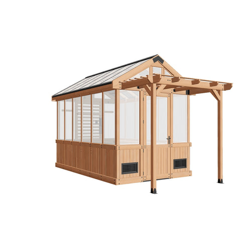 3D model preview of a 11x7 cedar greenhouse for viewing in your backyard with AR.