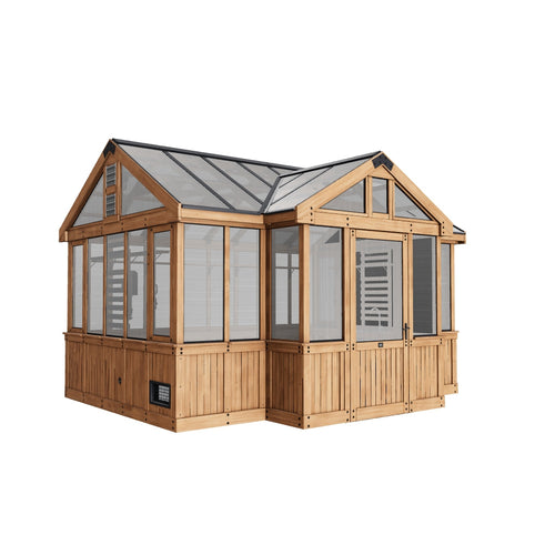 3D model preview of a 14x12 cedar greenhouse for viewing in your backyard with AR.