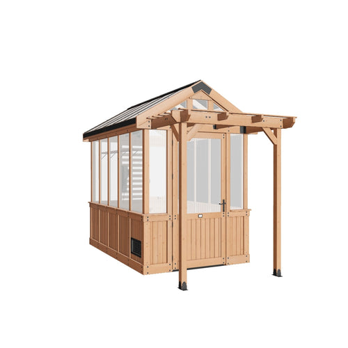 3D model preview of a 9x6 cedar greenhouse for viewing in your backyard with AR.