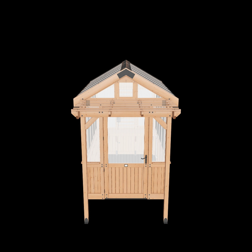 3D model preview of a 9x6 cedar greenhouse for viewing in your backyard with AR.