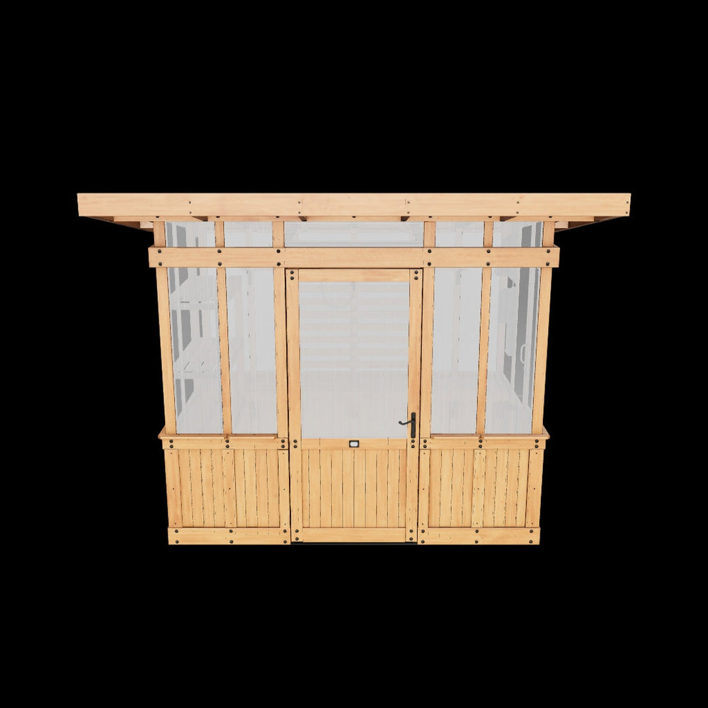 3D model preview of a 9x6 cedar greenhouse for viewing in your backyard with AR.