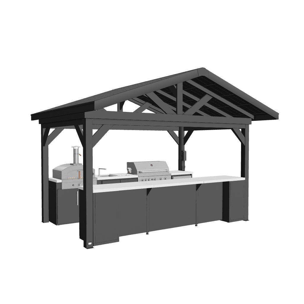 Range Lancaster Galley covered outdoor kitchen with built-in grill, artisan pizza oven, marble bar, and black peaked roof.