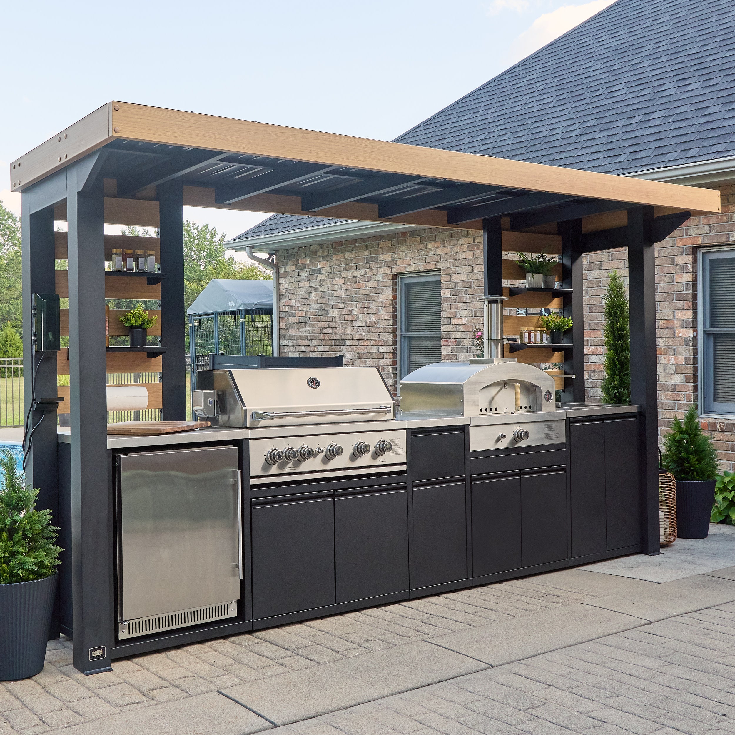 Fusion Flame 2 Outdoor Kitchen with Grill, Pizza Oven, and Refrigerator