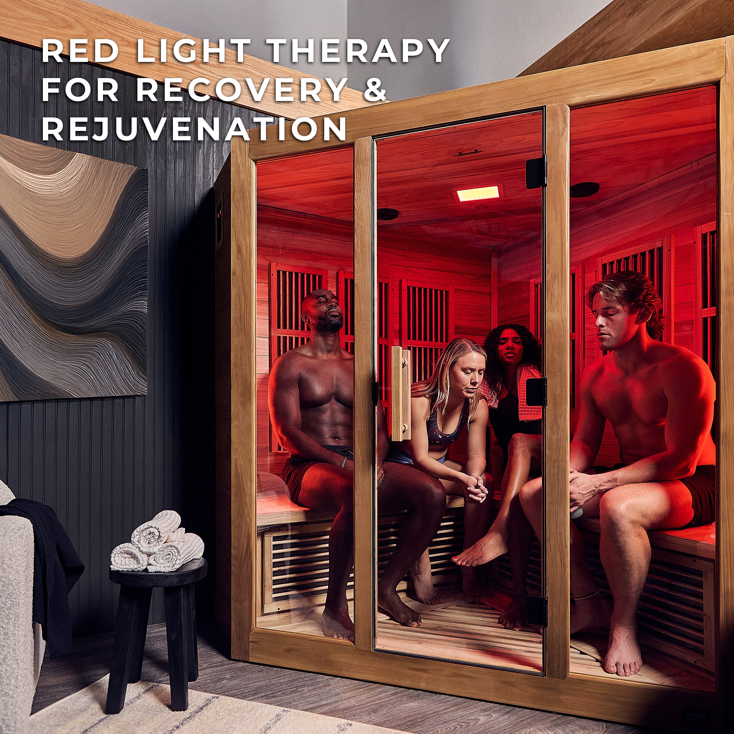 Red light therapy sauna session with four people relaxing under infrared heater panels inside Rylan corner sauna
