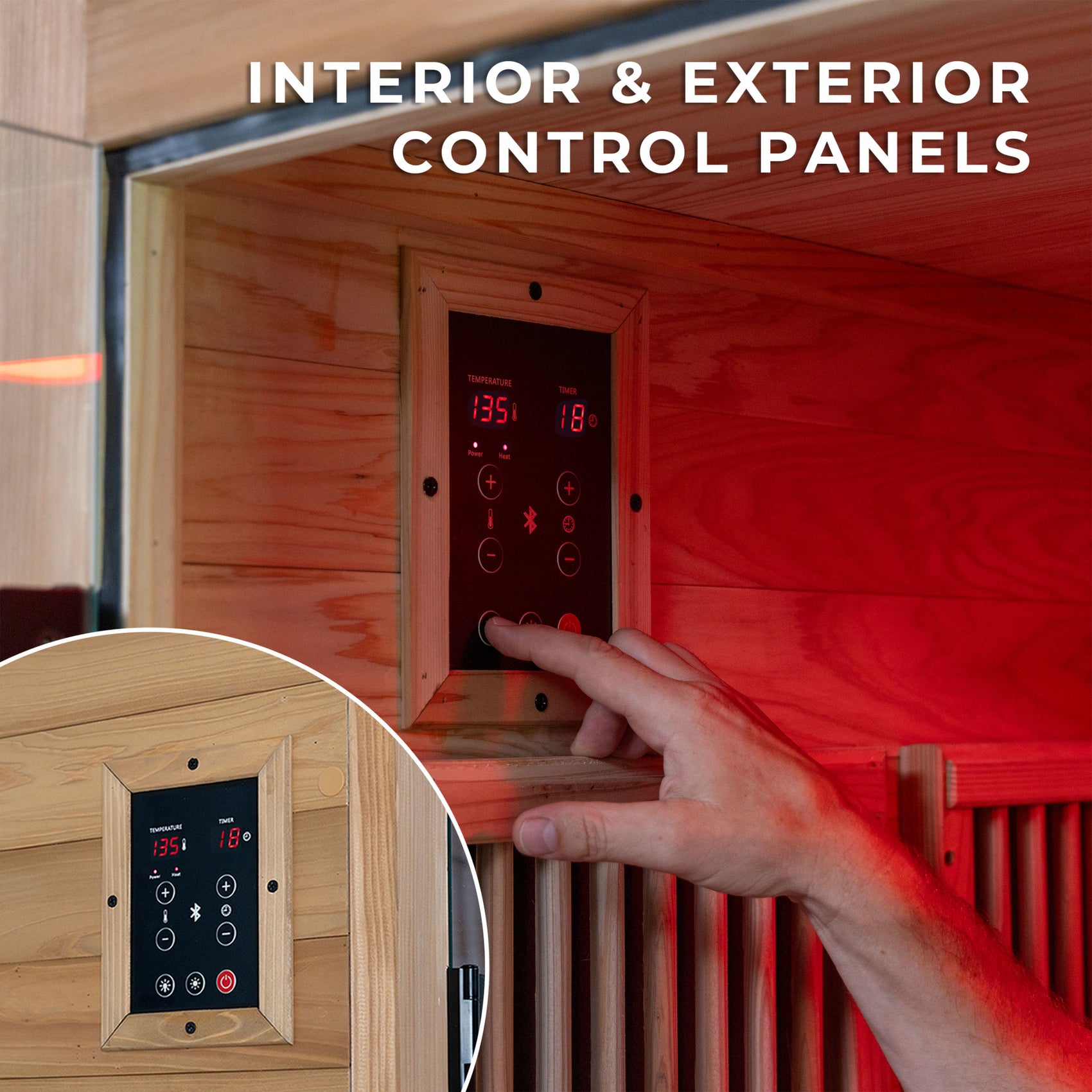 Digital temperature control being adjusted inside the Rylan indoor infrared home sauna with exterior panel inset