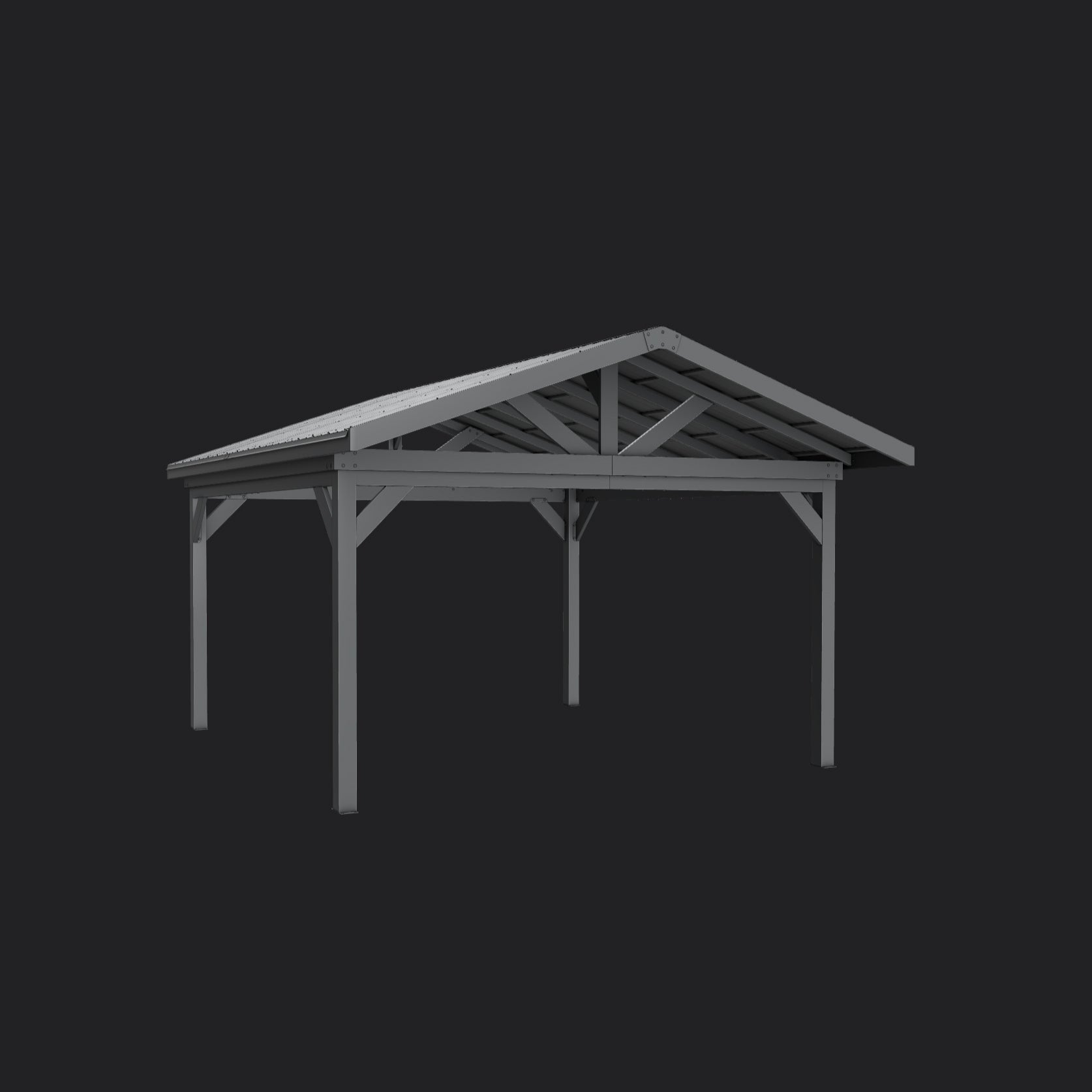 Range Outdoor Living Lancaster 16x14 steel patio gazebo with gabled hardtop roof and open-air design on dark background.