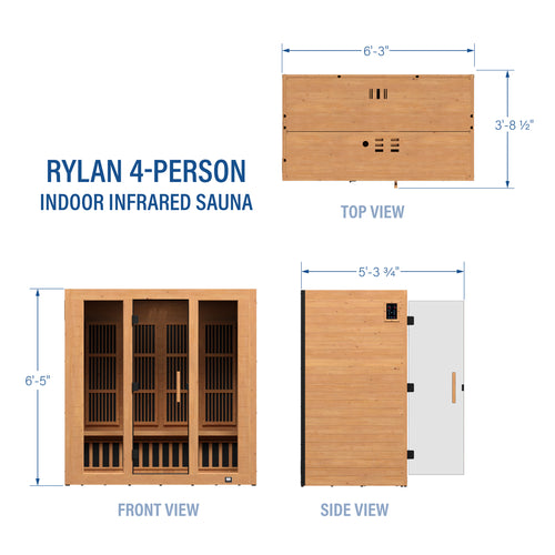 Technical diagram of Rylan 4 person indoor infrared cedar sauna showing top, front, and side view dimensions | stacked