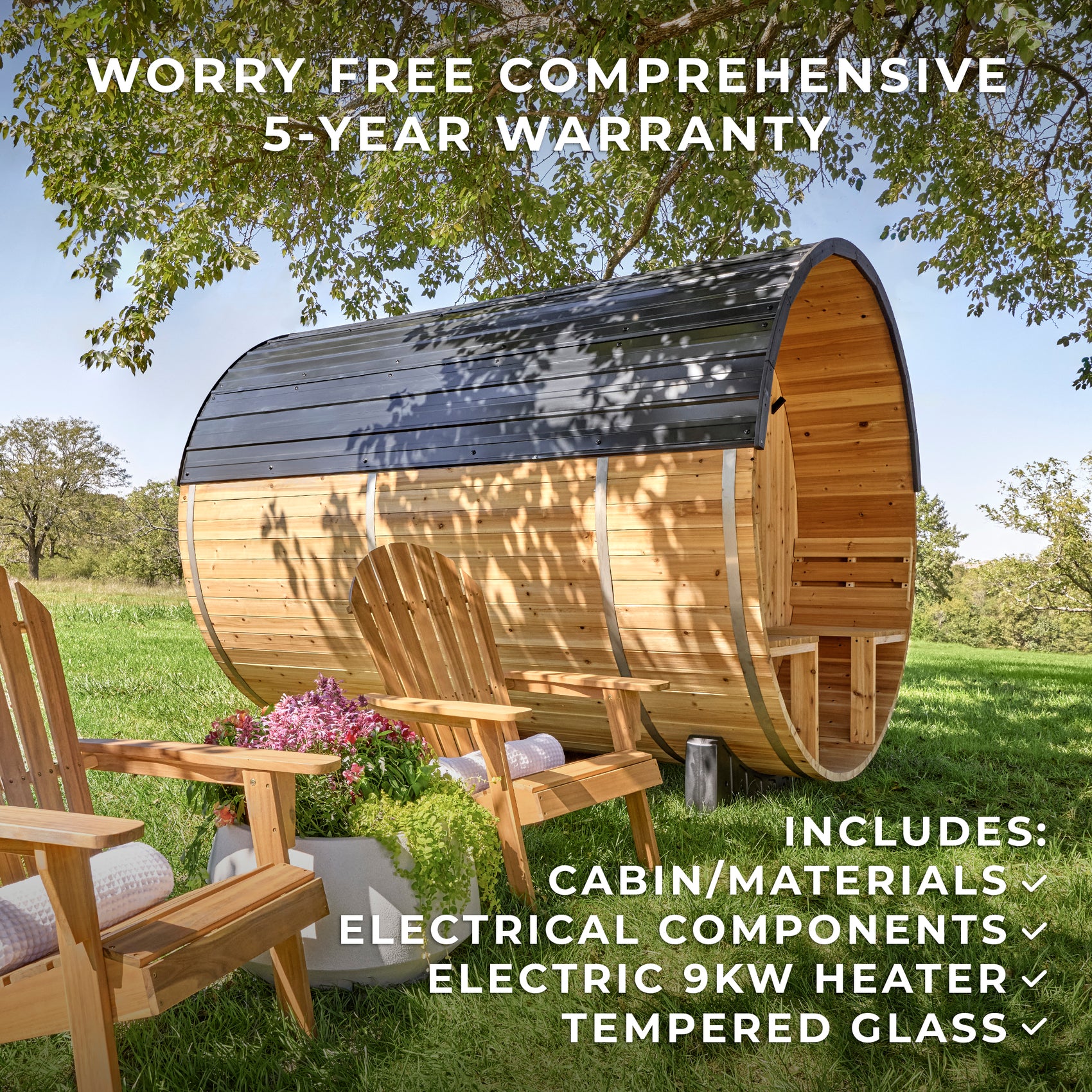 Home cedar barrel sauna kit with steel roof on open lawn beside Adirondack chairs and towels