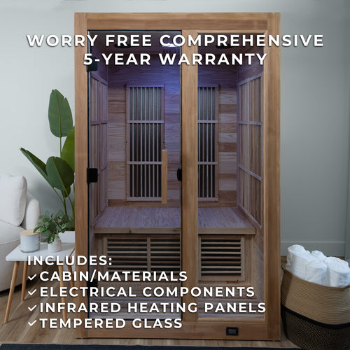Rylan 2-person indoor infrared cedar home sauna with blue chromotherapy lighting in modern setting