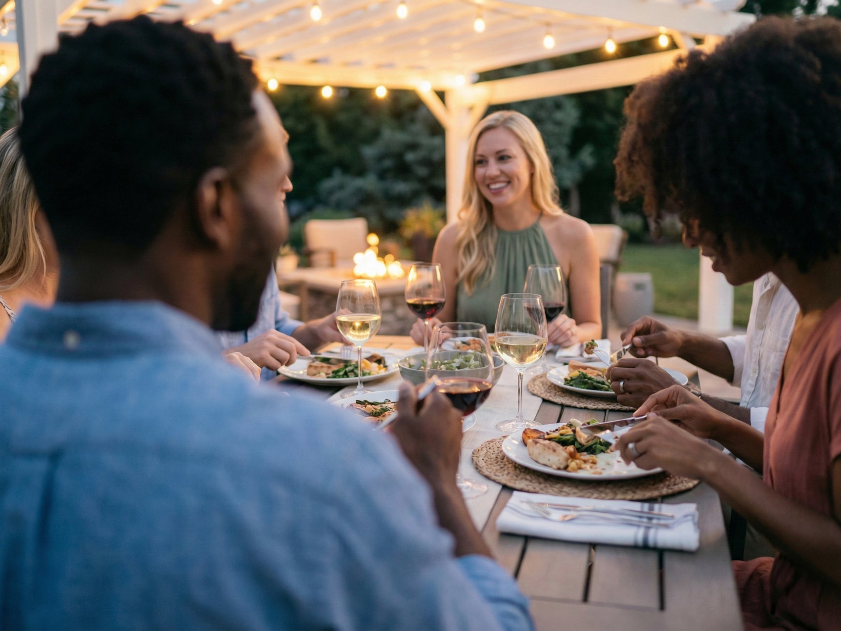 Friends dining under string-lit Stratford patio pergola with trellis roof gathering in modern outdoor living space.