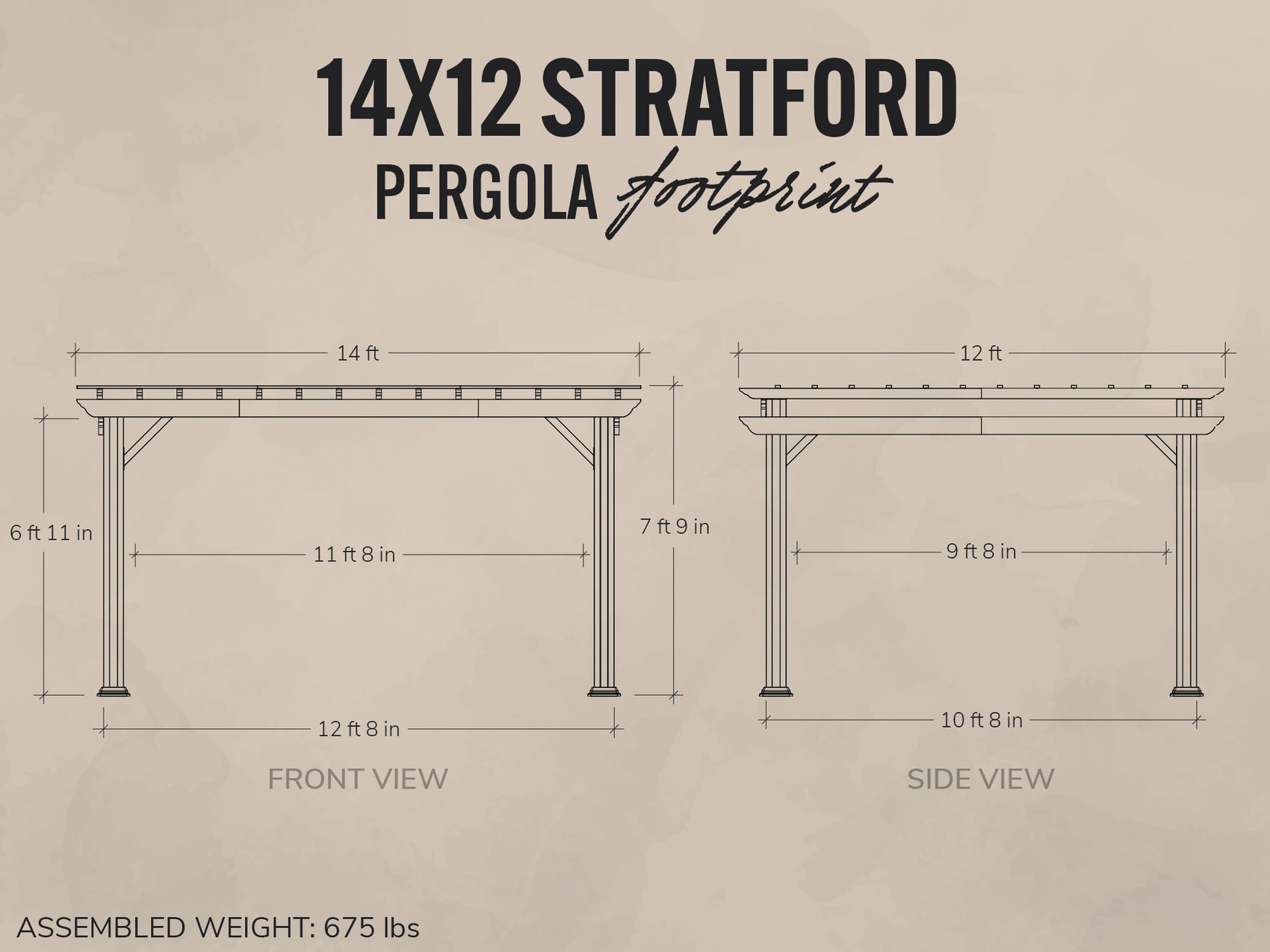 Dimensions and footprint of a 14x12 Stratford pergola on a beige background