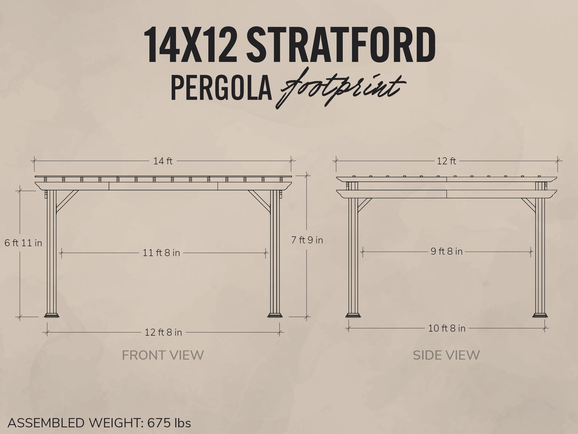 Dimensions and footprint of a 14x12 Stratford pergola on a beige background