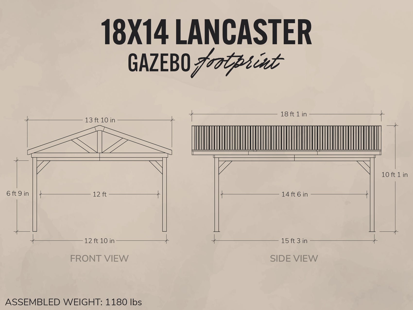 Dimensions and layout of an 18x14 Lancaster Gazebo on a beige background