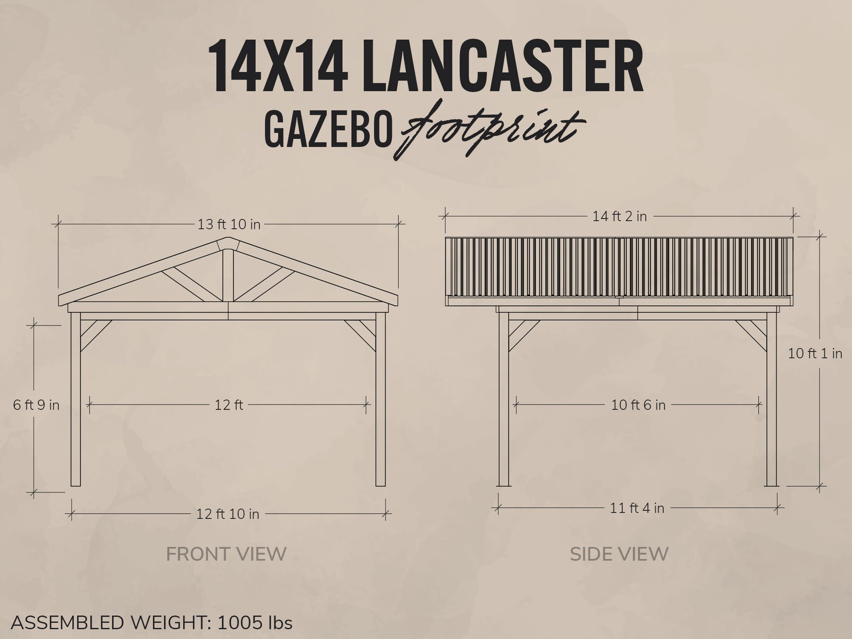 Dimensions and layout of a 14x14 Lancaster gazebo on a beige background