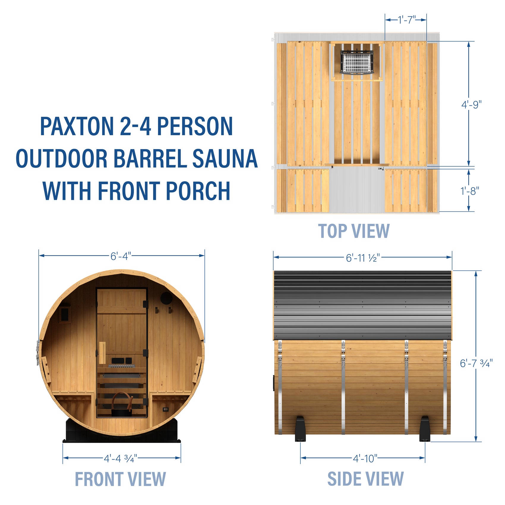 Technical diagram of Paxton 2-4 person outdoor barrel cedar sauna with porch showing dimensions | stacked