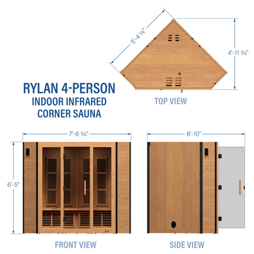 Technical diagram of Rylan 4 person indoor infrared corner cedar sauna showing dimensions | stacked