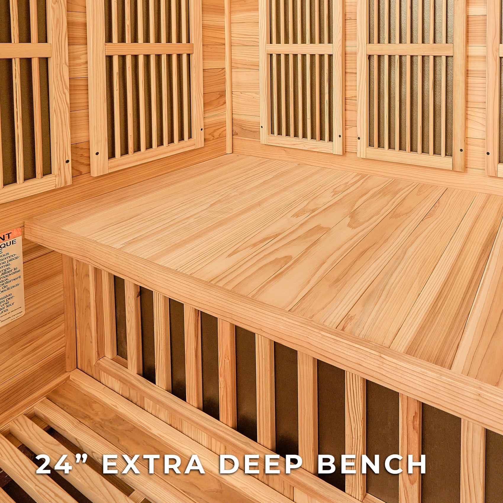 24-inch deep cedar bench and infrared heating panels in Rylan 4 person indoor home sauna