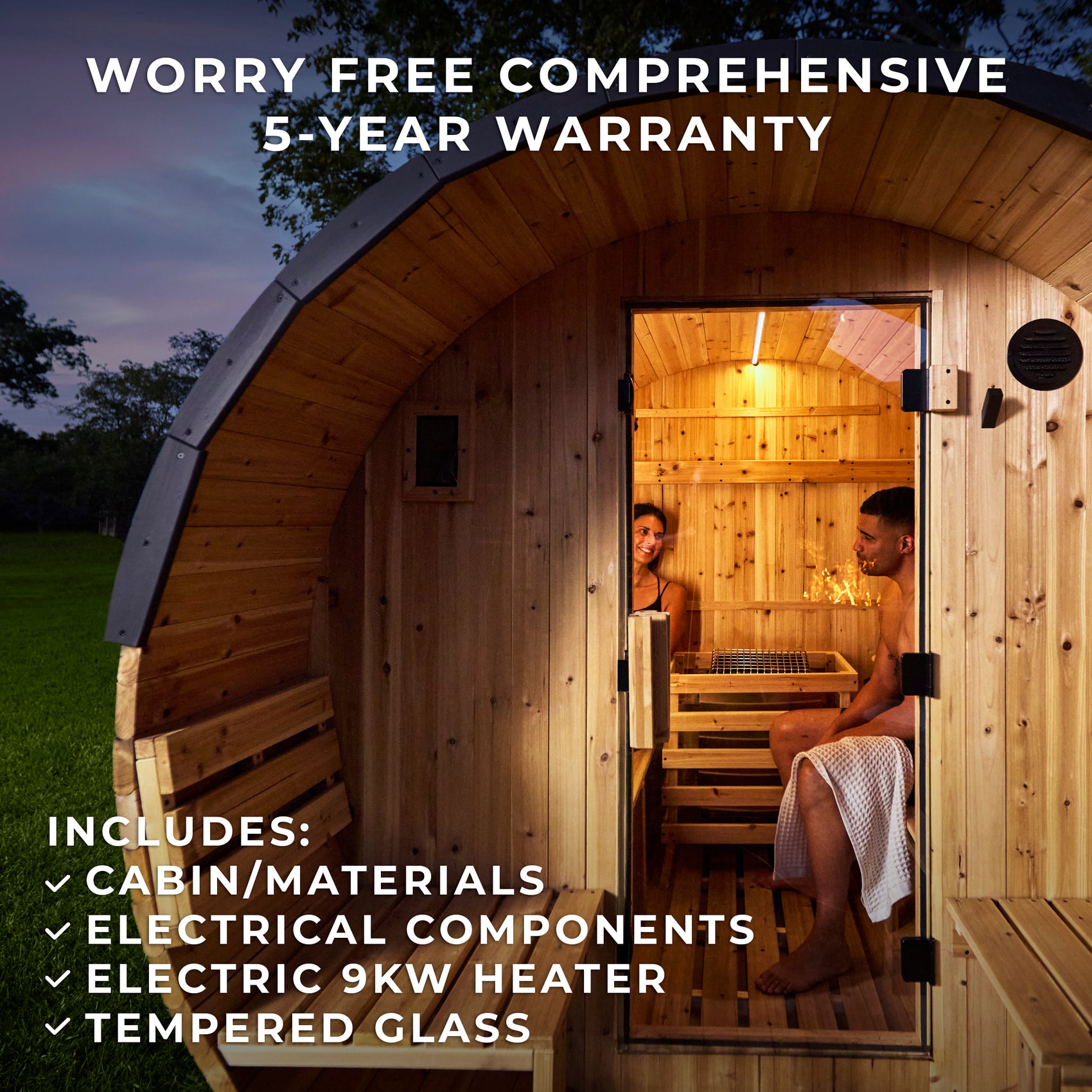Couple relaxing inside traditional barrel sauna with porch featuring natural cedar benches and ambient lighting at dusk