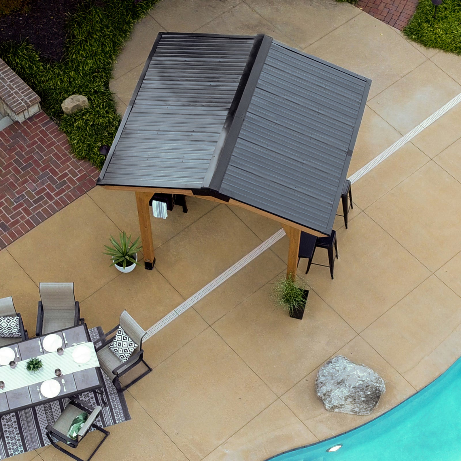Load image into Gallery viewer, Granada Grill Gazebo with Outdoor Bar - Aerial view next to pool
