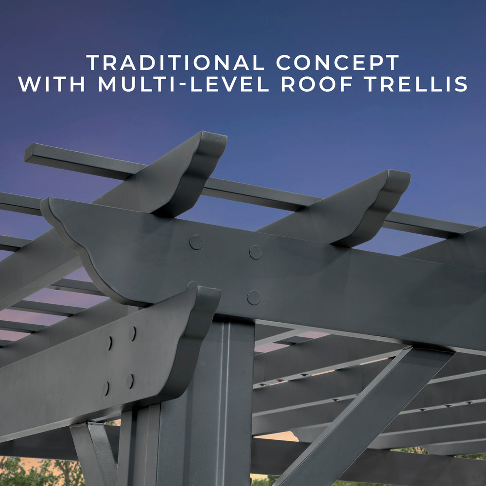 Tradtional concept with multi-level roof trellis