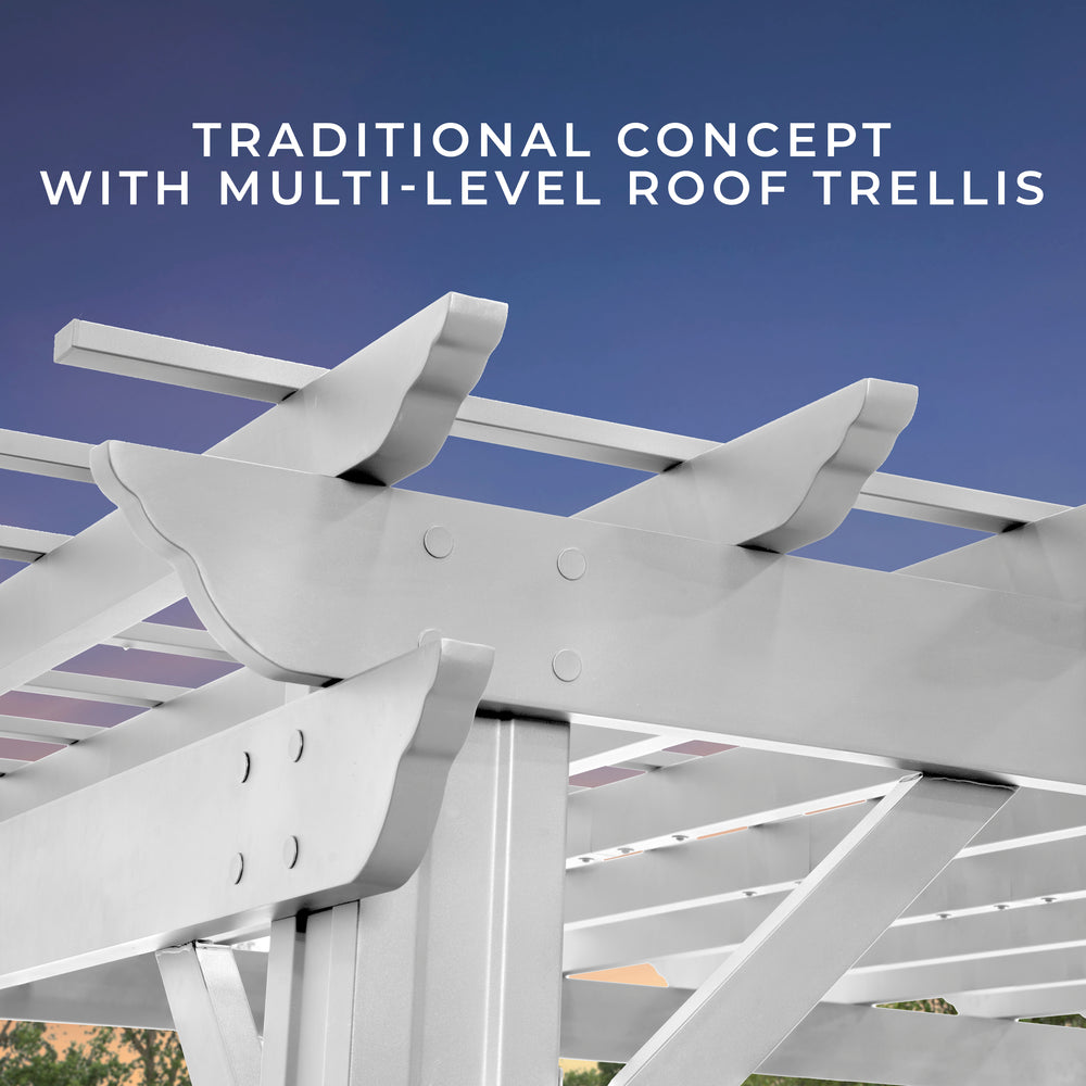 14x10 Hawthorne Steel Pergola Traditional Concept With Multi-Level Roof Trellis