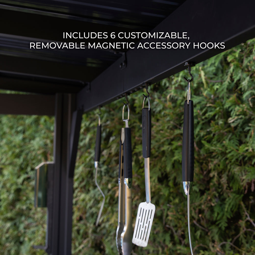 Includes 6 customizable, removable magnetic accessory hooks